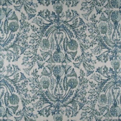 Lacefield Designs Sofia Verde cotton linen blend print fabric with floral batik look in teal green on natural background.
