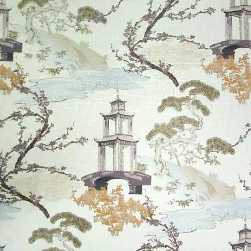 Photo of a neutral Oriental fabric with pagodas and bonsai trees.