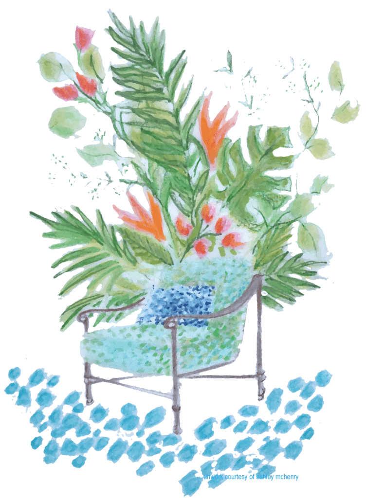 Drawing of tropical plants and outdoor chair.