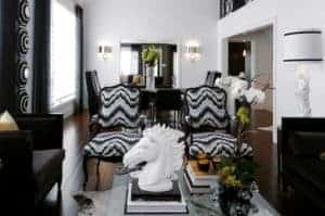 living room with black and white decor
