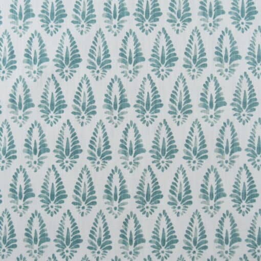 Lacefield Designs Agave Ariel teal and white icon block print design printed on cotton line blend fabric for upholstery, drapery, bedding, cushions, pillows.