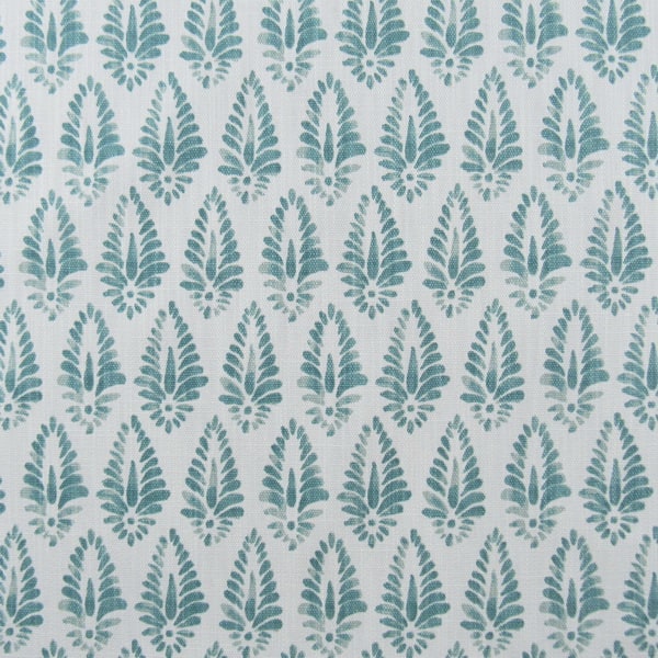 Lacefield Designs Agave Ariel teal and white icon block print design printed on cotton line blend fabric for upholstery, drapery, bedding, cushions, pillows.