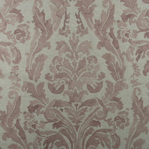 Lacefield Designs Coribel Rose striking large scale damask design in blush pink on natural linen background printed on cotton rayon blend fabric.