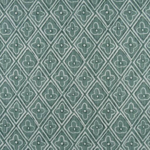 Lacefield Designs Reeva Viridian diamond design in teal green and white printed cotton linen fabric for upholstery drapery bedding cushions pillows.