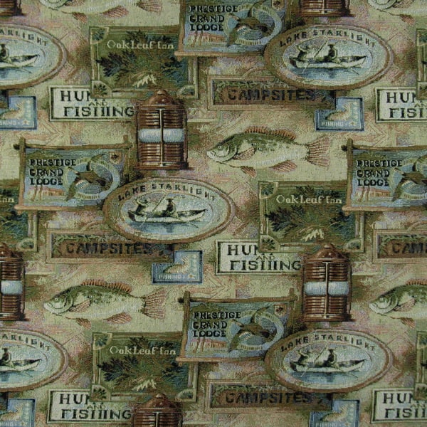 Fishing Aqua and Teal Novelty Tapestry Upholstery Fabric by The Yard