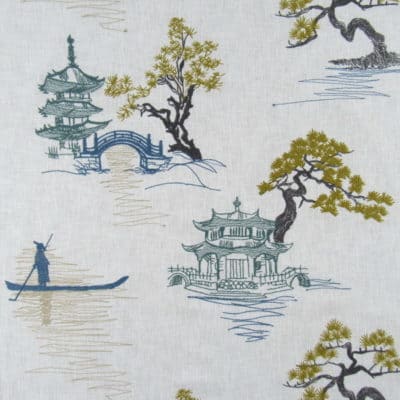 Trevi Fabrics Sampan Golden Asian scene embroidery fabric