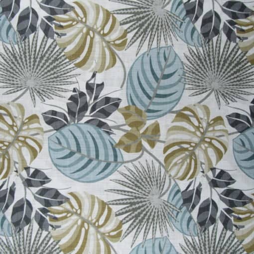 Hamilton Fabrics Timmins Harbor aqua gold tropical leaf print fabric