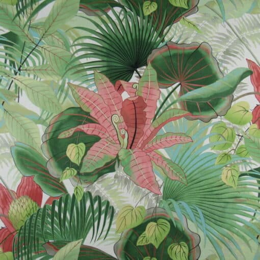 PKL Studio Lovina Beach Verdigris tropical cotton print fabric in green and coral