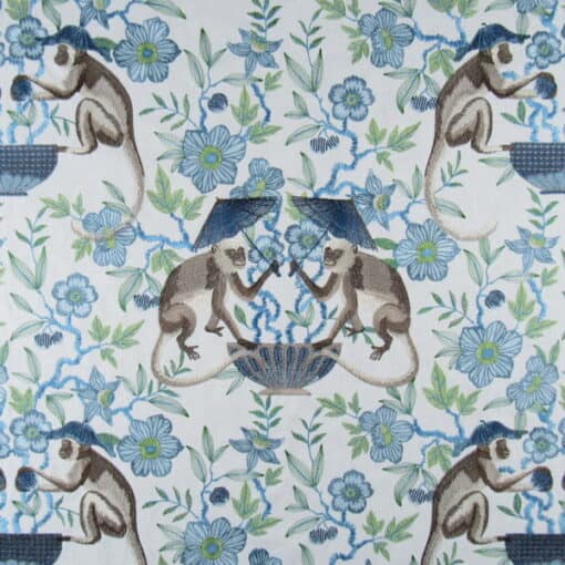 PKaufmann Fabrics Cheeky Monkey Island blue monkey design embroidery fabric