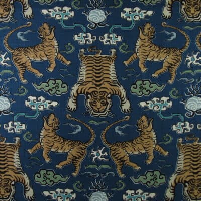 Hilary Farr Designs Tiger Republic 51 Denim printed on cotton linen blend multi purpose fabric