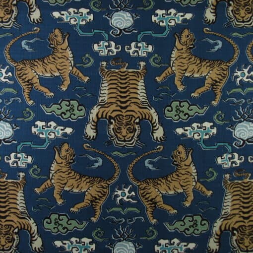 Hilary Farr Designs Tiger Republic 51 Denim printed on cotton linen blend multi purpose fabric