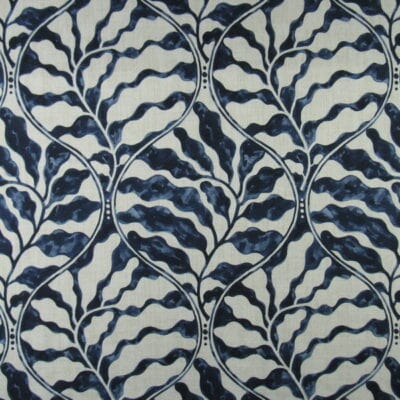 Trevi Fabrics Preen Navy ogee leaf design in navy printed on 100% cotton