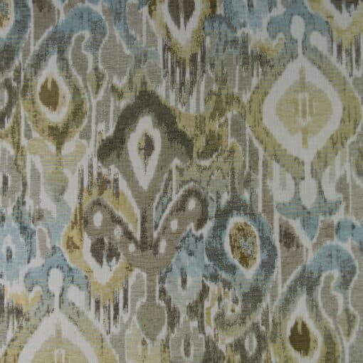 Mill Creek Fabrics Akira Everglade aqua tan gold ikat design furniture upholstery fabric