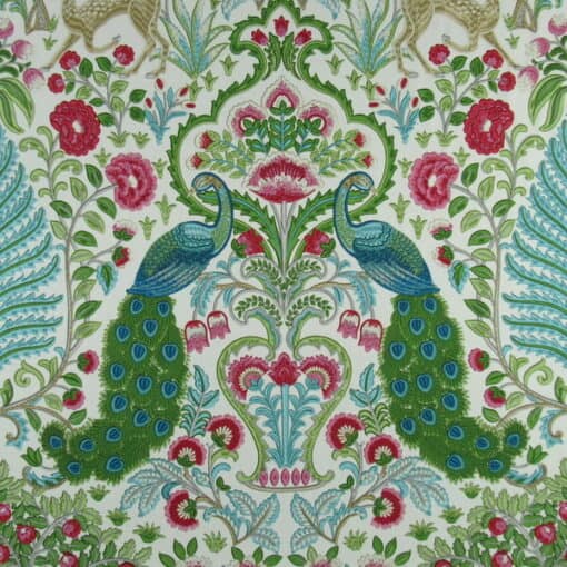 Covington Fabrics Winthrop 888 Spring beautiful peacock with gazelle and floral icon design in bold green and aqua colors printed on 100% cotton fabric.