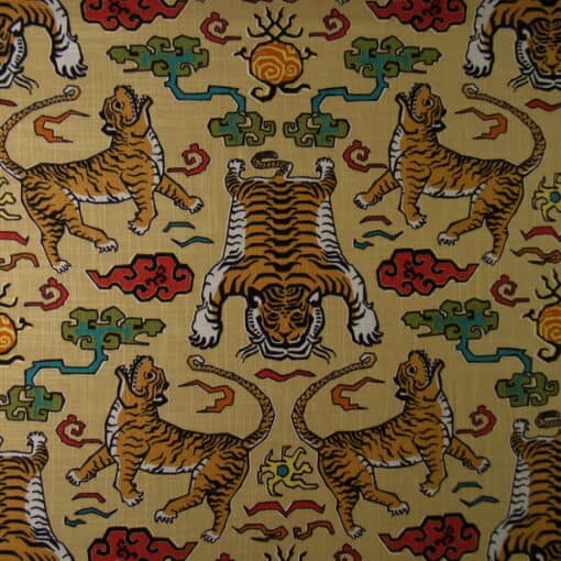 Hilary Farr Designs Tiger Republic 380 Saffron tiger design with Asian feel on gold background printed on cotton linen blend fabric. Hilary Farr Designs