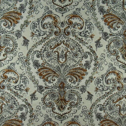 Mill Creek Fabrics Amiyah Clay heavy jacquard weave with large damask design in cream background and rust gray black accents. On Sale!