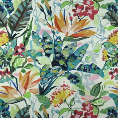 Swavelle Fabrics Flowers Of Paradise Punch tropical floral design in bright colors printed on 100% cotton fabric for upholstery, drapery, bedding, pillows.