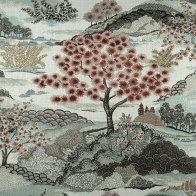Swavelle Fabrics Yuhua Rosemist large scale print with Asian feel landscape design in rose red aqua brown printed on 100% cotton texture fabric.