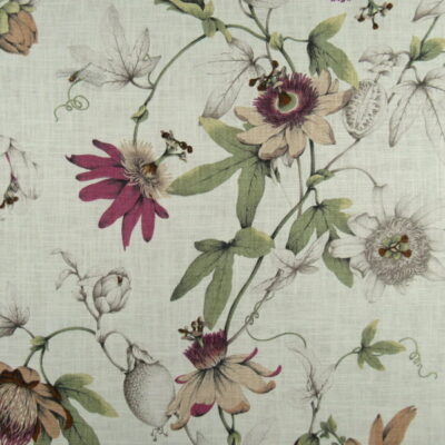 PKaufmann Fabrics Country Cottage White Tea pretty botanical floral linen blend print with soft neutral colors and pops of gold coral green.