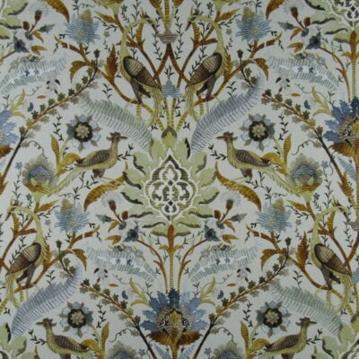 Trevi Fabrics Goldfinch Earth with floral icon and bird design in gold gray and brown accents on off white background printed on 100% cotton