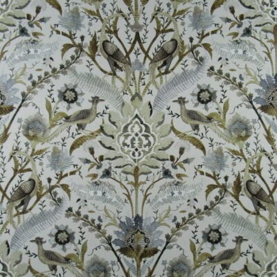 Trevi Fabrics Goldfinch Siberian with floral icon and bird design in subtle gold gray and brown accents on off white background printed on 100% cotton