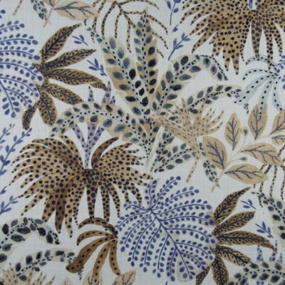 Trevi Fabrics Truffula Copper with tropical design in gray gold blue colors on off white background printed on 100% cotton fabric.