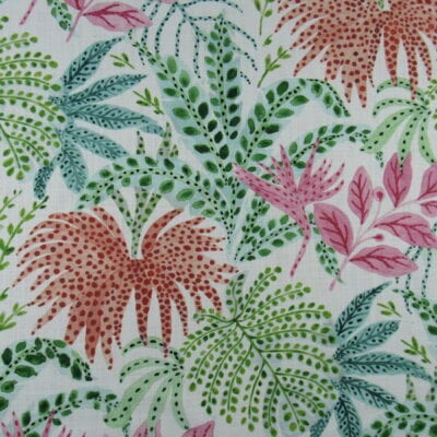 Trevi Fabrics Truffula Forest with tropical design in pink green coral colors on off white background printed on 100% cotton fabric.