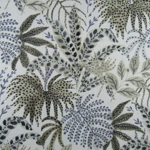 Trevi Fabrics Truffula Henna with tropical design in subtle gray brown tan colors on off white background printed on 100% cotton fabric.