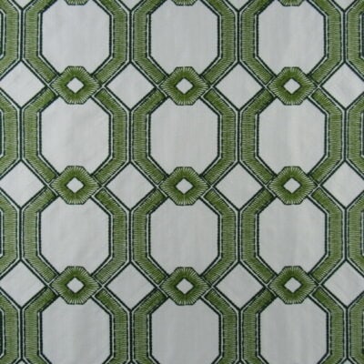 Roth Thompkins Avignon Grass with geometric design embroidery in green and white background. Multi purpose fabric for light upholstery, drapery, pillows, cushions.