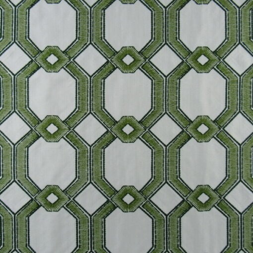 Roth Thompkins Avignon Grass with geometric design embroidery in green and white background. Multi purpose fabric for light upholstery, drapery, pillows, cushions.