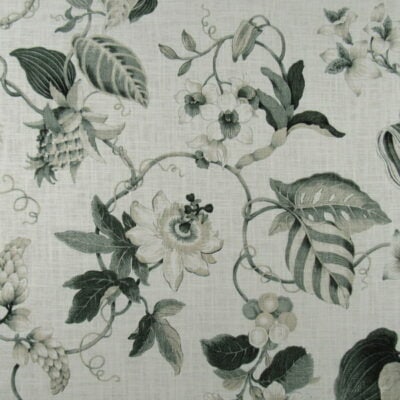 PKaufmann Fabrics Blanca Loden pretty botanical floral print with soft neutral colors and green leaves. Printed on linen rayon blend fabric for upholstery, pillows, drapery or bedding.