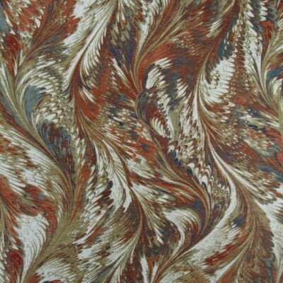 Regal Fabrics Fable Sienna feather design printed on chenille velvet in rust and gold for furniture upholstery, pillows, cushions.