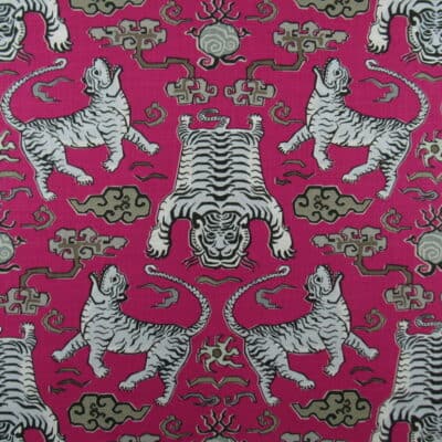 Hilary Farr Designs Tiger Republic 722 Fuchsia tiger design with Asian feel on pink background printed on cotton linen blend fabric. Hilary Farr Designs