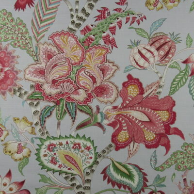 PKaufmann Fabrics Mayleen Persimmon floral design fabric in coral and green on gray background printed on 100% cotton.