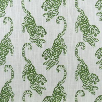 Premiere Prints Kenway Kale with tiger design in green on white background printed on 100% cotton slub canvas fabric for upholstery, drapery, pillows