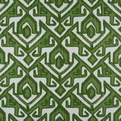 Premiere Prints Jann Kale White with geometric design in green on white background printed on cotton linen blend fabric.