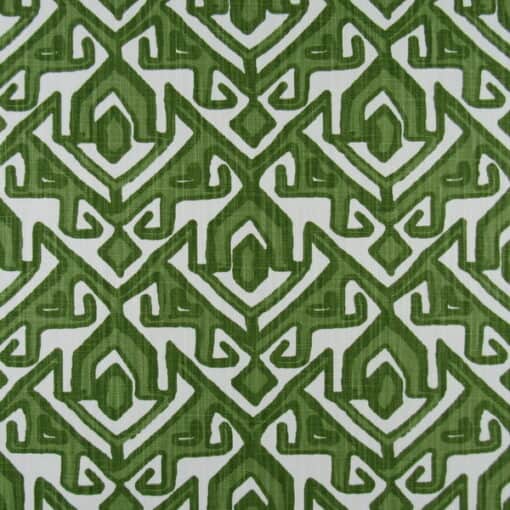 Premiere Prints Jann Kale White with geometric design in green on white background printed on cotton linen blend fabric.