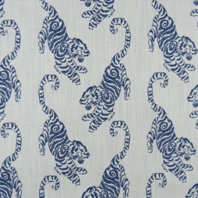 Premiere Prints Kenway Bermuda with tiger design in blue on white background printed on 100% cotton slub canvas fabric for upholstery, drapery, pillows
