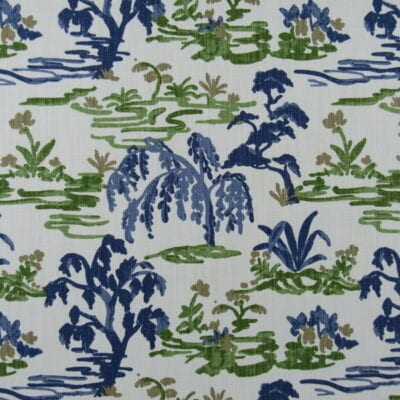 Premiere Prints Meadow Bermuda White with Asian Meadow design in green and blue on white background printed on cotton linen blend fabric