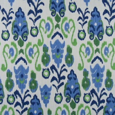 Premiere Prints Neda Courtyard White with ikat design in green and blue on white background printed on cotton linen blend fabric