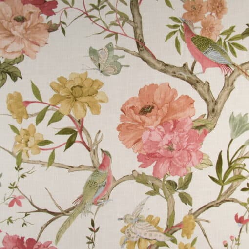 Covington Fabrics Eliana 382 Summer with birds and butterflies and large scale floral design. Printed on 100% cotton for furniture, drapery, bedding.
