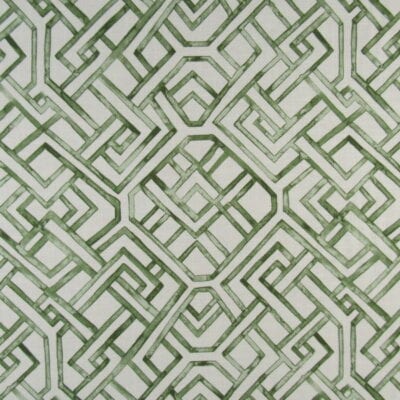 Covington Fabrics Erla 206 Greenery with green geometric Greek Key design on off white background. 100% cotton for upholstery, drapery, bedding, pillows.