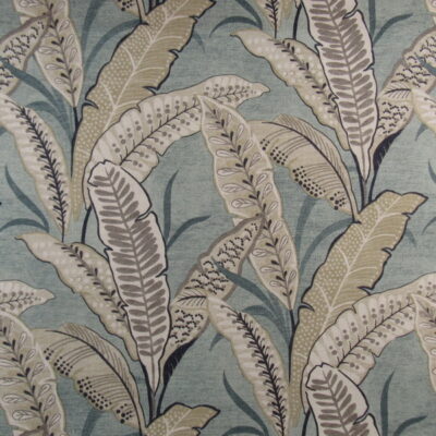 Regal Fabrics Amelia Mist tropical leaf print with taupe tan leaves on spa green background for upholstery, cushions, pillows.