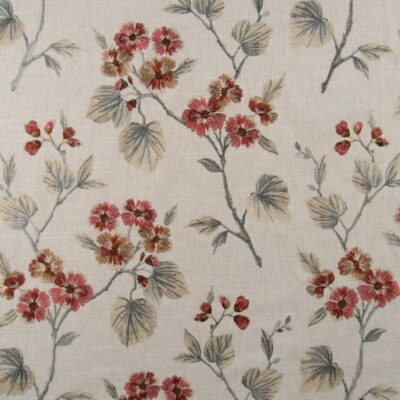 Mill Creek Embroidery Oleander Rosewood with beige background and red rust floral design embroidery fabric for drapery bedding pillows.