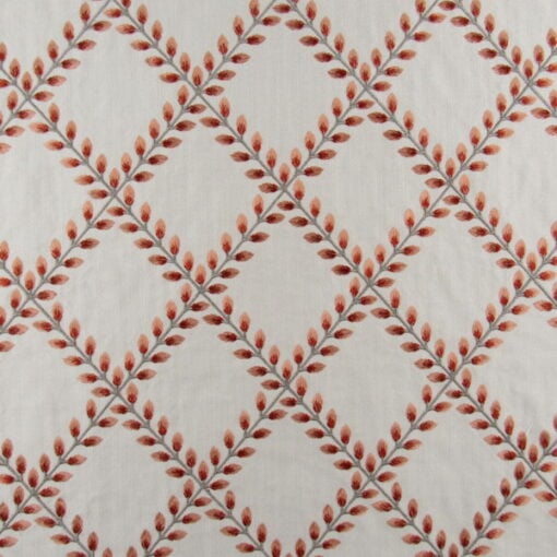 PK Lifestyles Clover Lane Coral with diamond leaf embroidery design in coral red and off white background for upholstery, pillows, draperies or bedding.