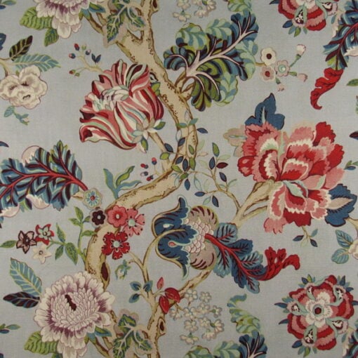 PKaufmann Fabrics Fanciful Floral Cerulean with large scale Jacobean floral design in red blue green aqua on spa background 100% cotton print fabric.