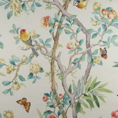 PKaufmann Fabrics Kimono Vine Multi botanical floral design with birds and butterflies with aqua green coral colors, 100% cotton digital print fabric