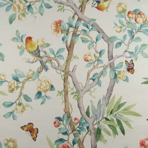 PKaufmann Fabrics Kimono Vine Multi botanical floral design with birds and butterflies with aqua green coral colors, 100% cotton digital print fabric