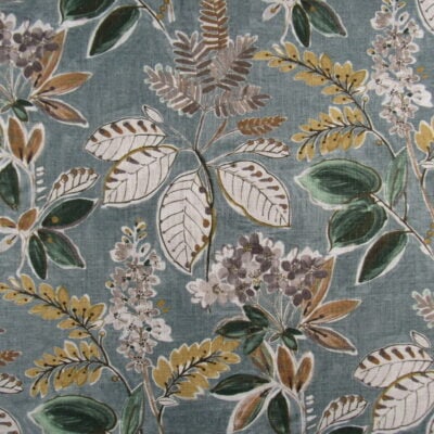 Swavelle Fabrics Summer Breeze Kale botanical floral design in green gold on teal green background printed on heavyweight cotton with texture.