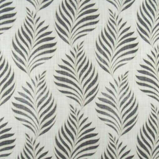 Trevi Fabrics Aria Jaguar with botanical leaf design in gray on cream background printed on 100% cotton has amazing detail and designer look